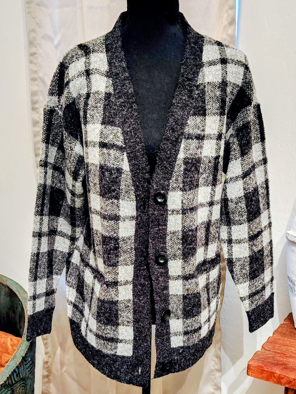 Black and White Plaid Women's Cardigan Sweater
